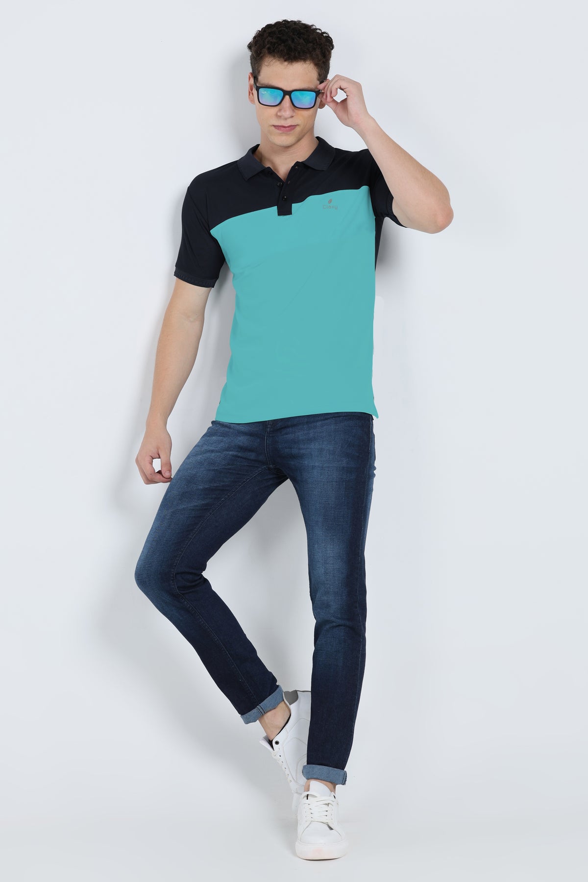 Men's black and sea green activewear polo t-shirt front view