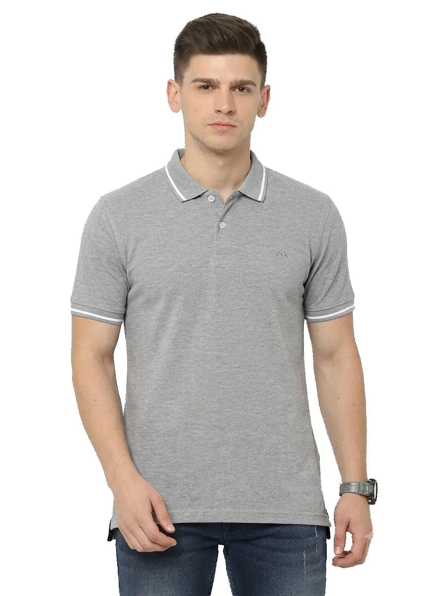 Men's Melange Grey Cotton Polo T-Shirt with White Tipping on Collar and Cuffs - Front View