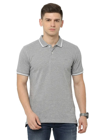 Men's Melange Grey Cotton Polo T-Shirt with White Tipping on Collar and Cuffs - Front View