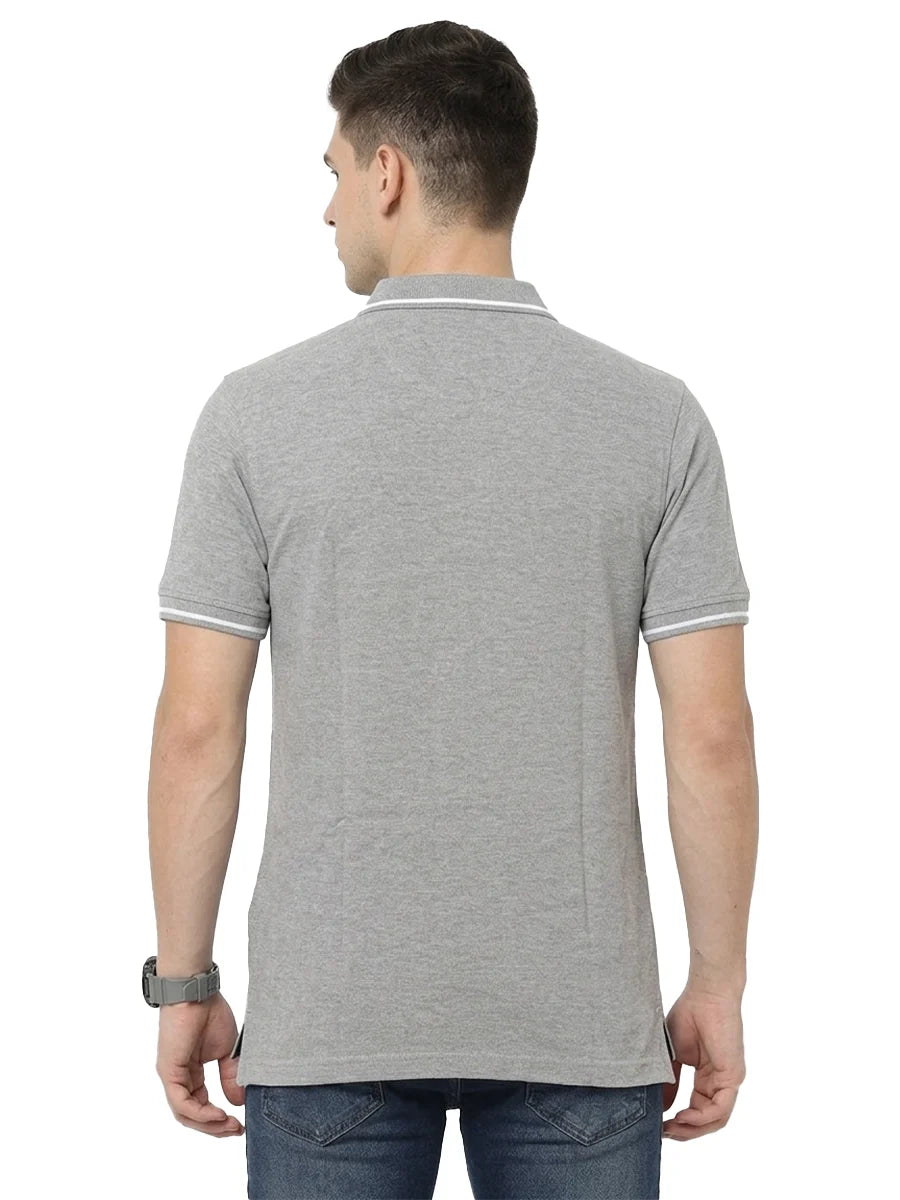 Men's Melange Grey Cotton Polo T-Shirt Back View   