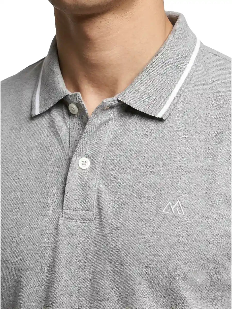 Close-up of Men's Melange Grey Polo Collar with White Tipping and Embroidered Logo
