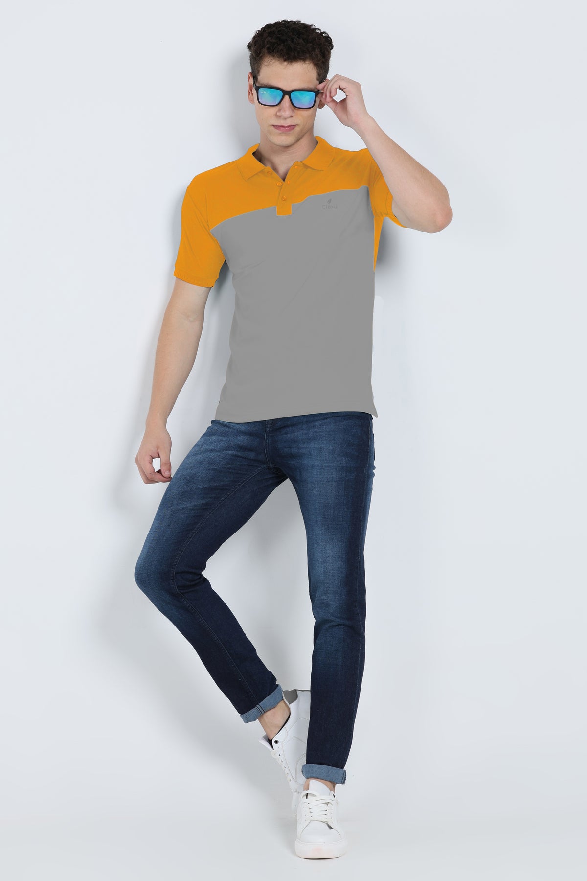 Men's mustard yellow and grey activewear polo t-shirt front view
