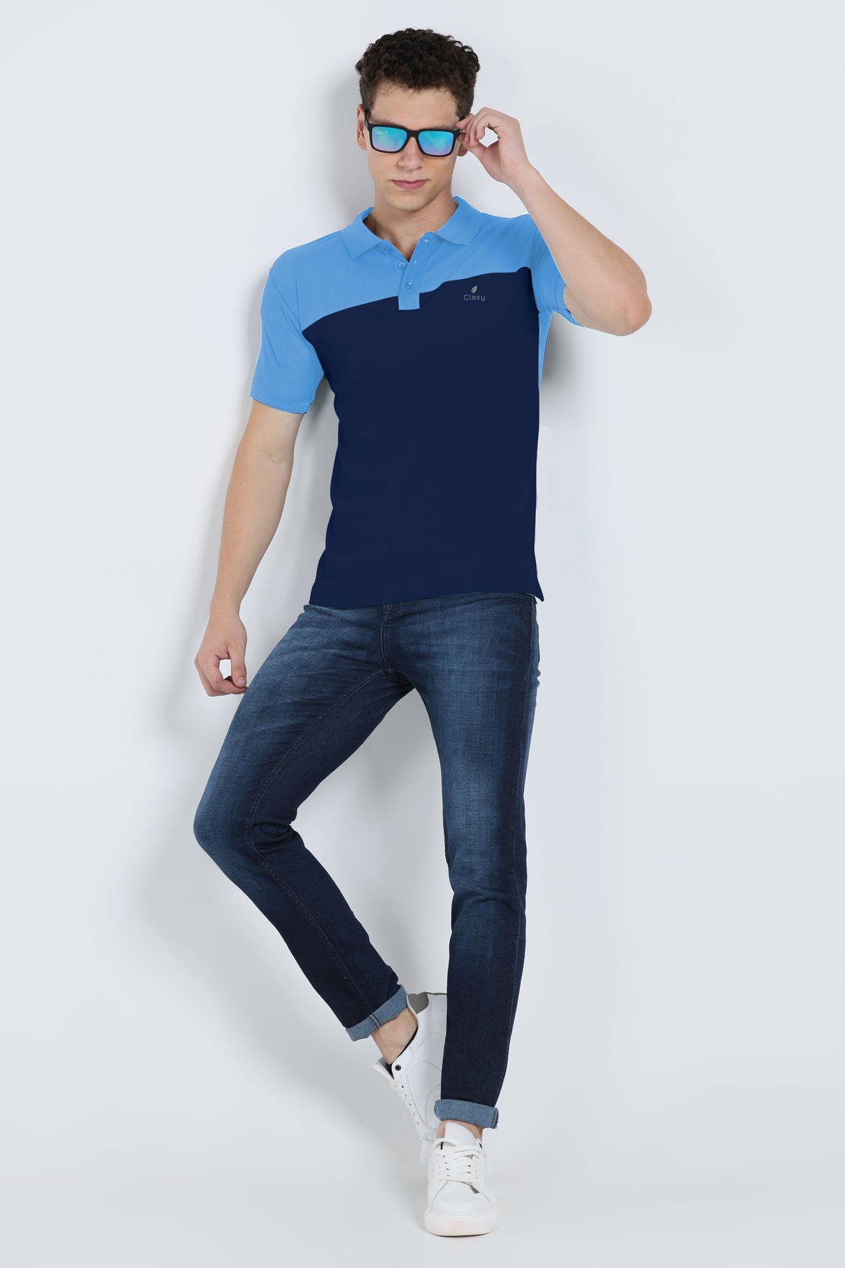 Men's sky blue and navy blue activewear polo t-shirt front view