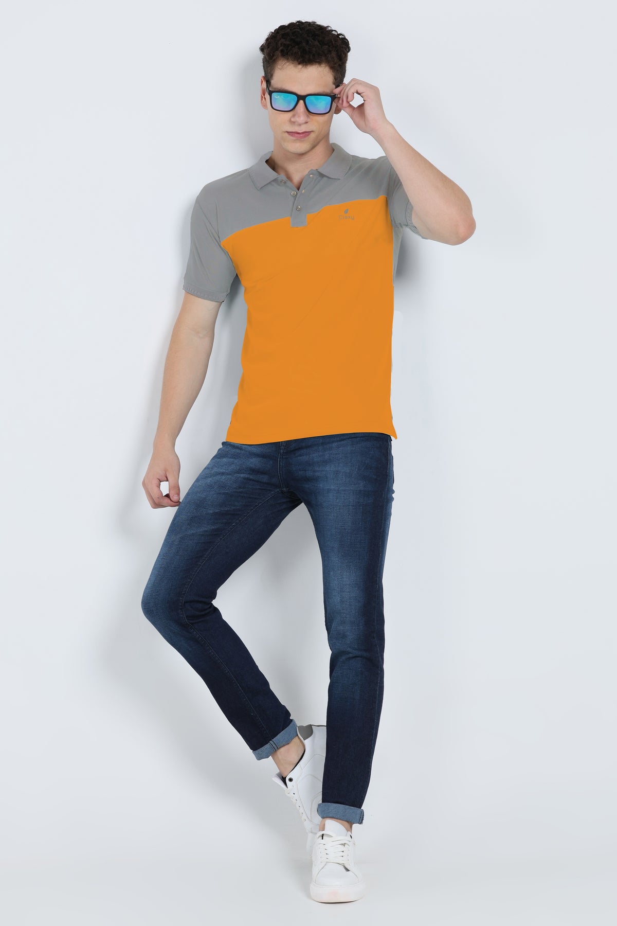 Men's grey and mustard activewear polo t-shirt front view