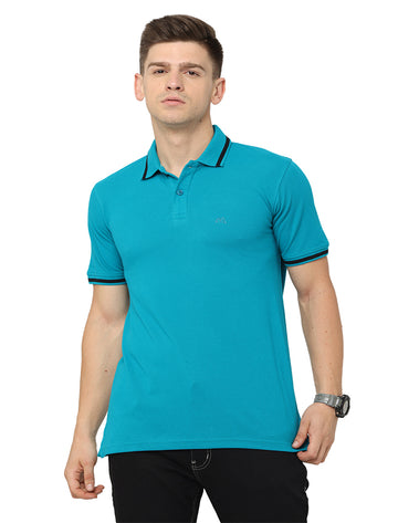 Men Polo Plain Rich Cotton T-Shirt - Pacific Blue