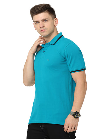 Men Polo Plain Rich Cotton T-Shirt - Pacific Blue